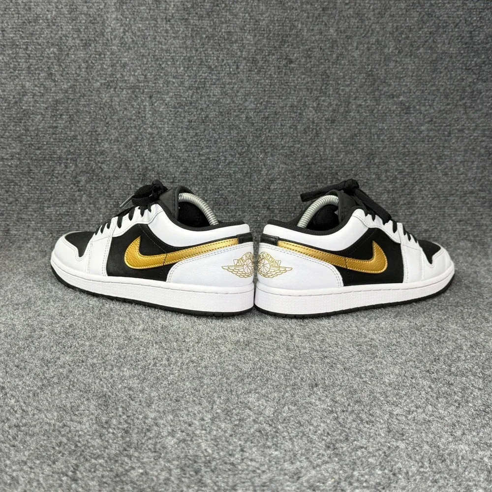 Jordan 1 Low Shoes Men's 8 White Black Metallic Gold Swoosh Athletic Sneakers